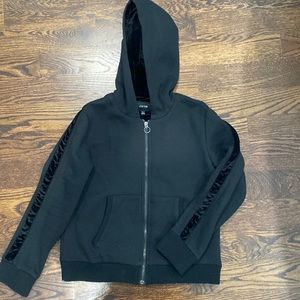 Joe’s Jeans black hoodie with velvet trim.